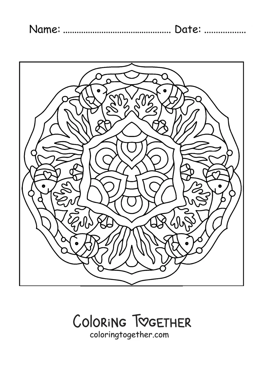 Coloring page of a summer mandala with tropical fish and corals