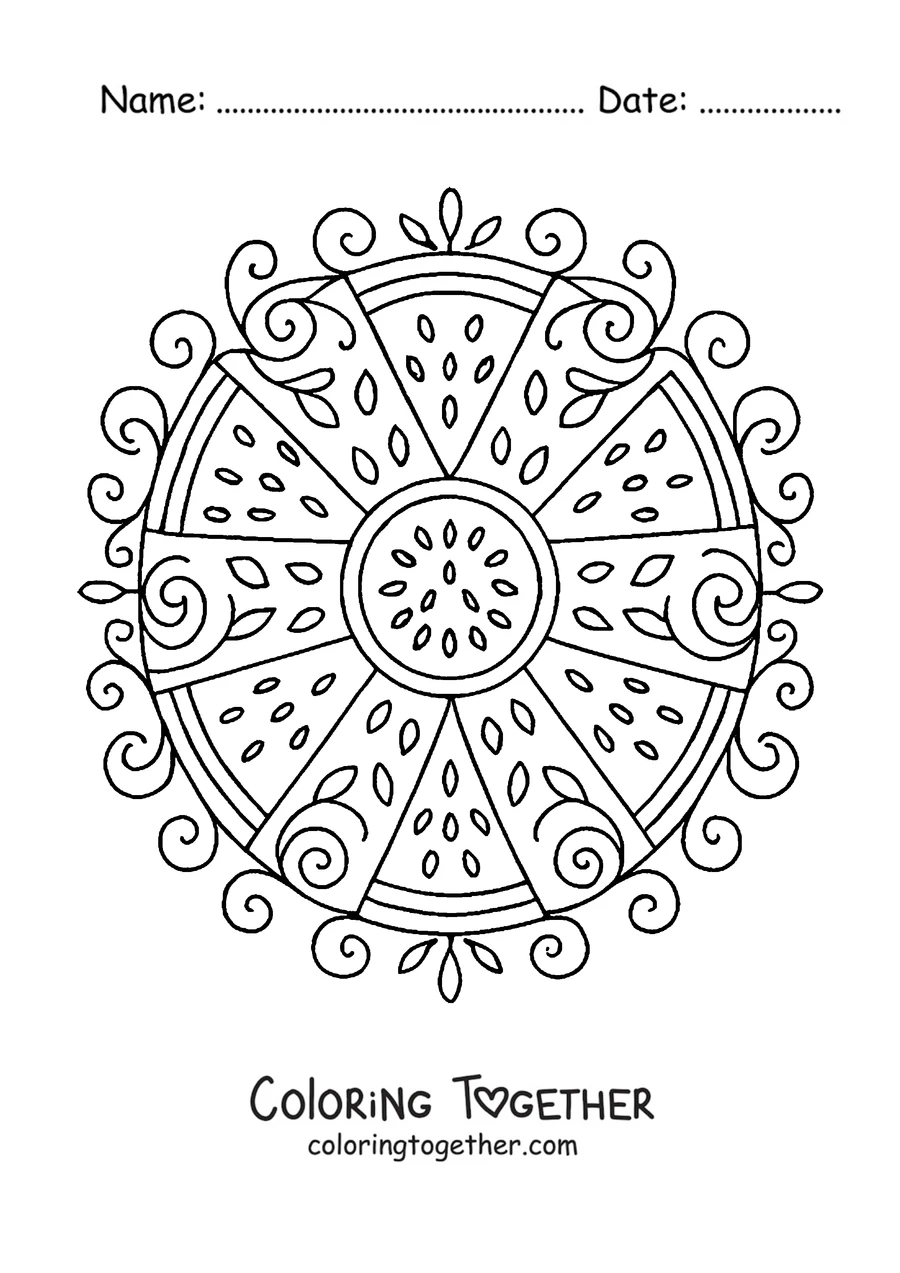 Coloring page of a summer mandala with watermelon slices in a circle