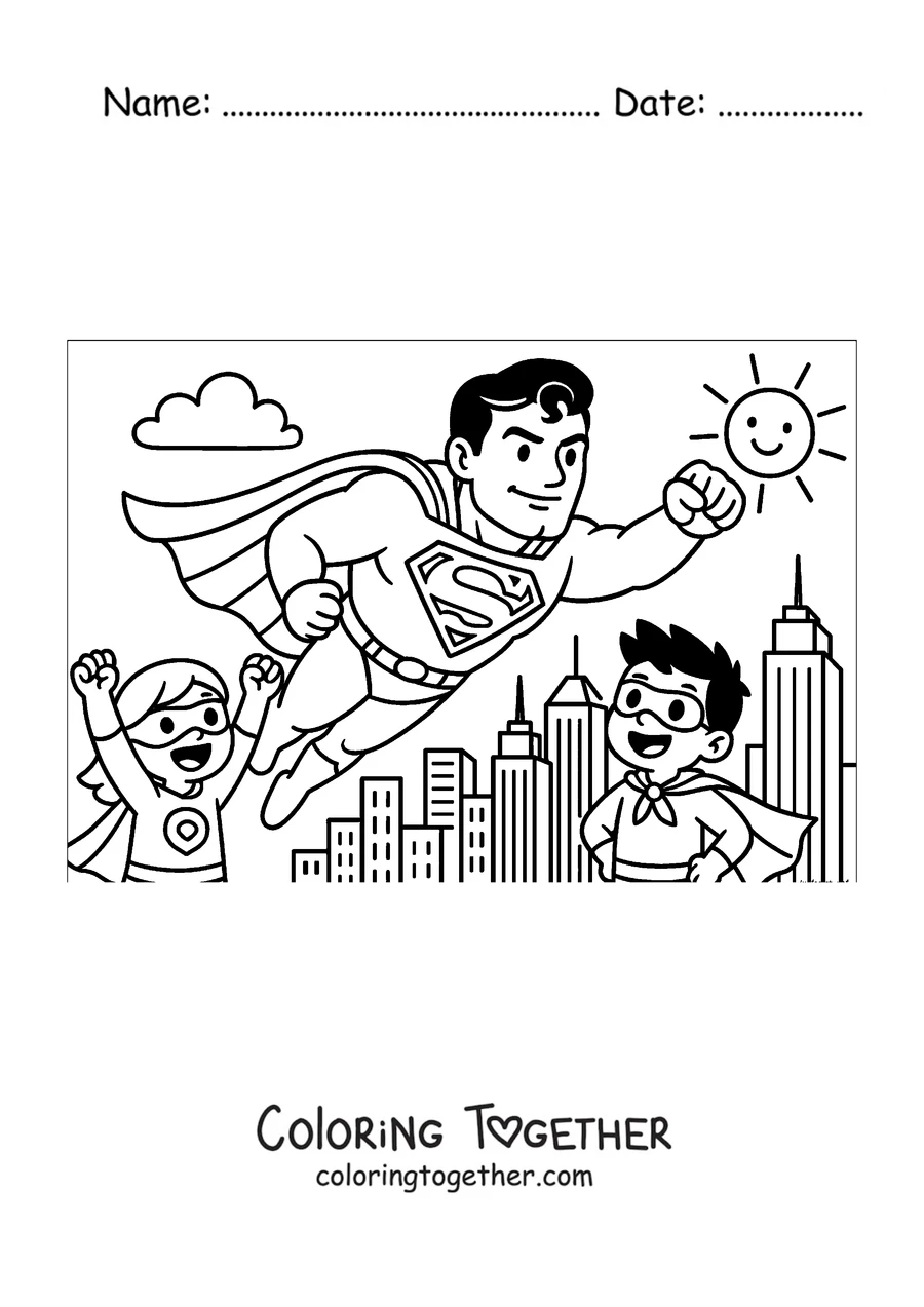 Coloring page of a cartoon Superman flying over the city with two kid superheroes