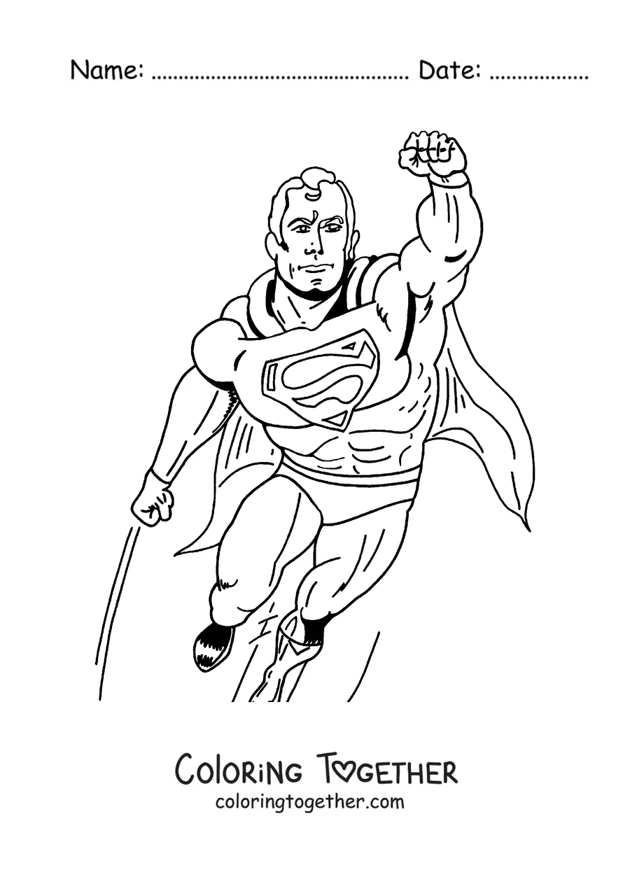 Coloring page of Superman flying with his fist raised