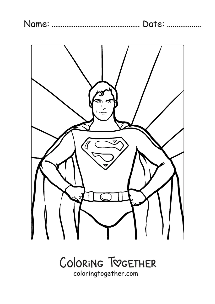 Coloring page of Superman in a heroic pose with rays behind him