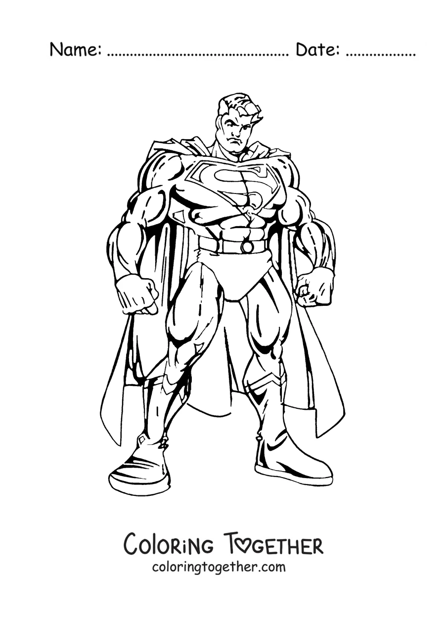 Coloring page of Superman standing with his fists clenched