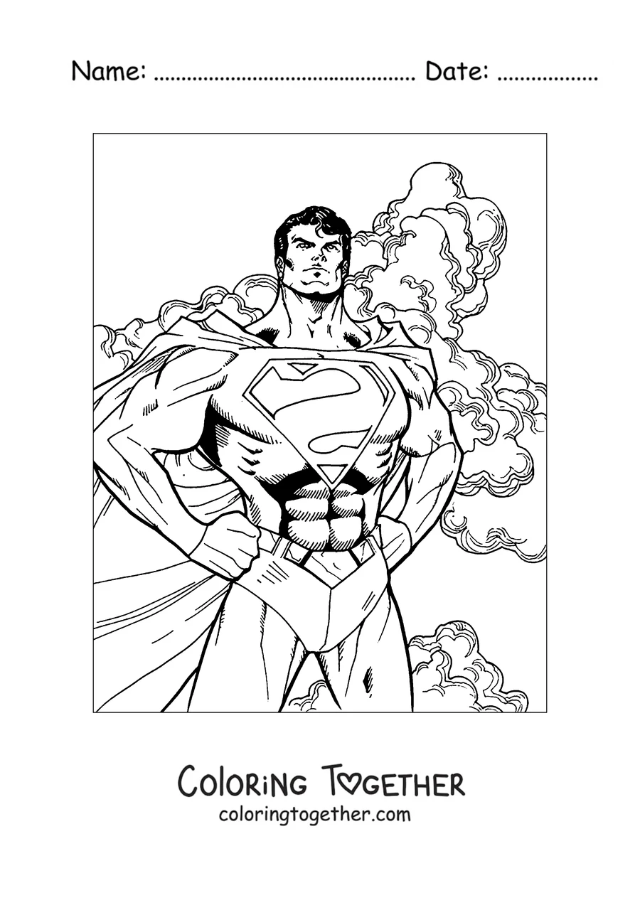 Coloring page of Superman standing with his hands on his hips