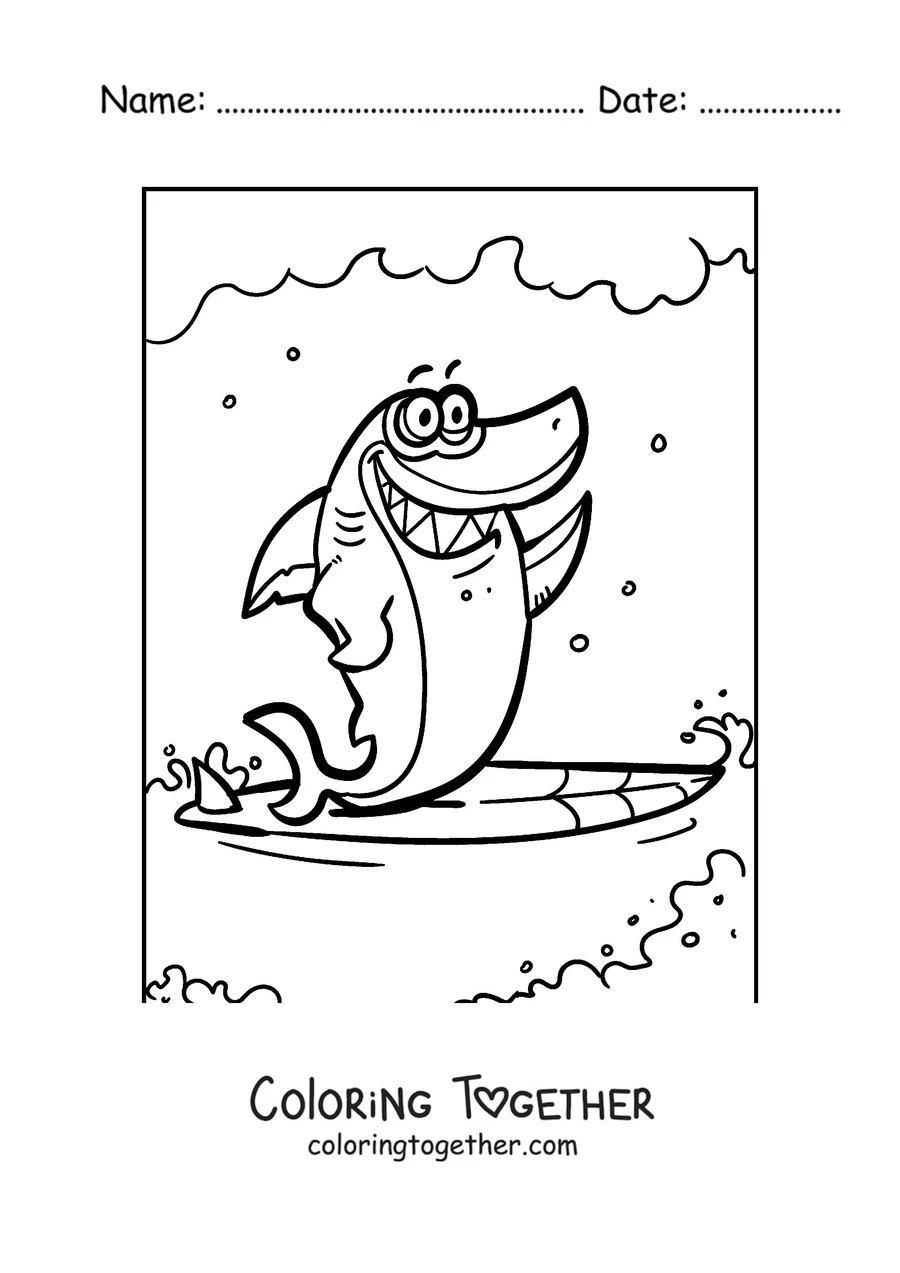 Coloring page of a shark surfing on a wave
