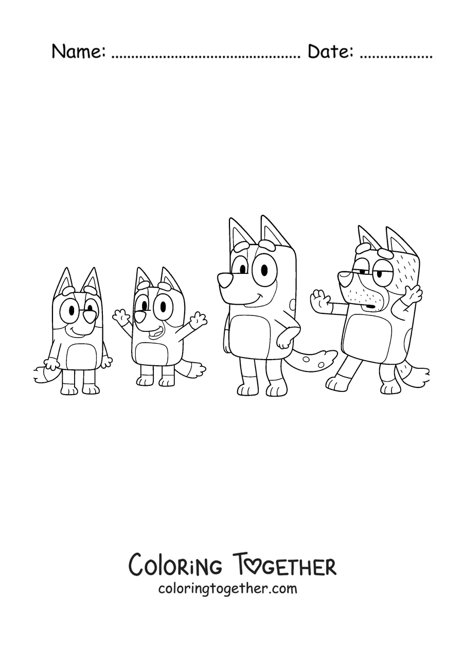Coloring page of the Heeler family: Bluey, Bingo, Chilli and Bandit