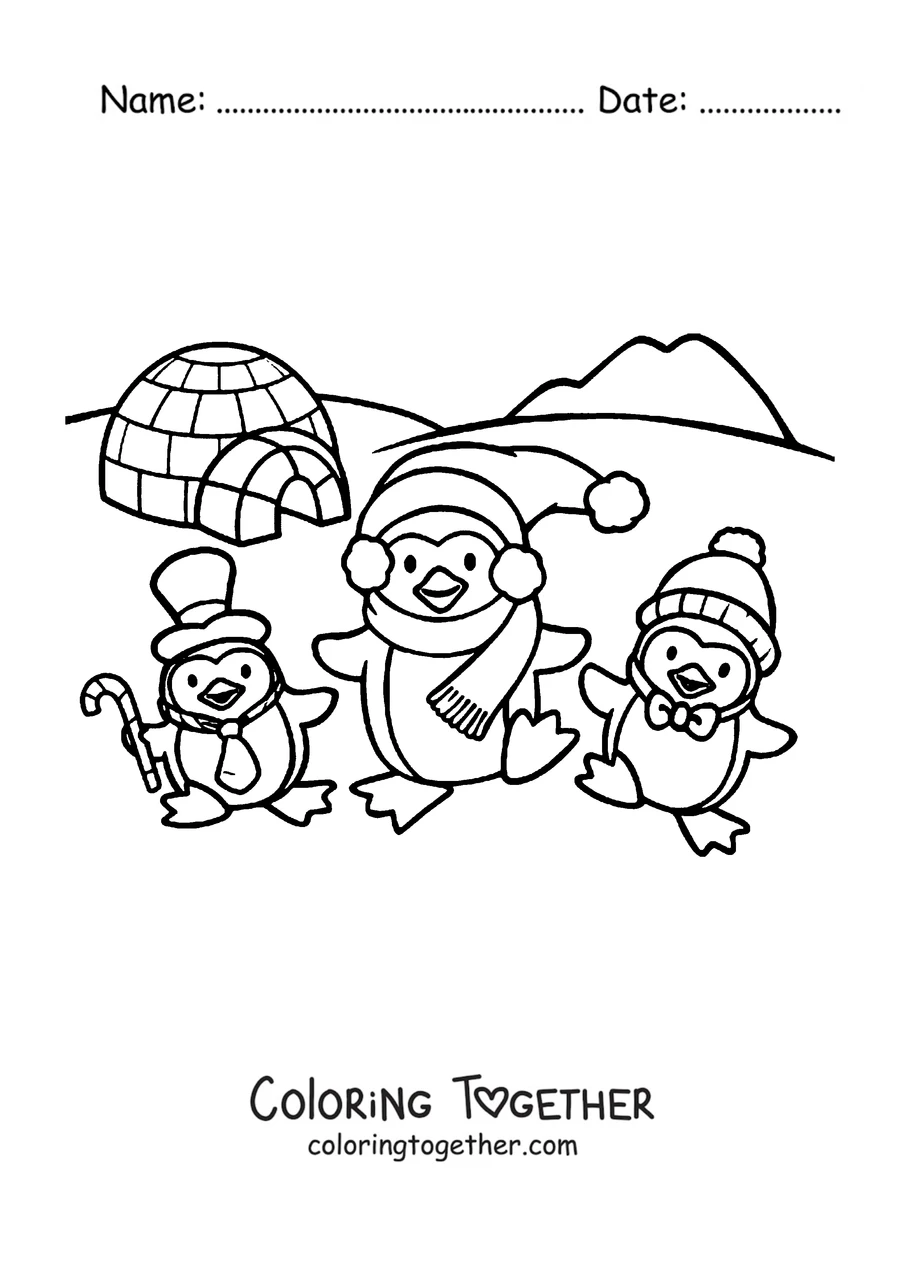 Coloring page of three penguins playing by an igloo