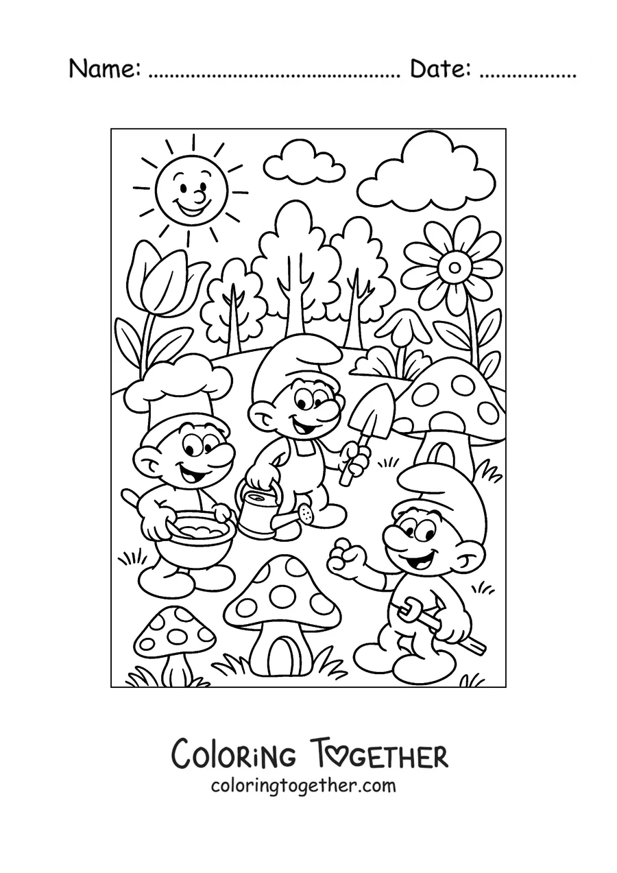 Coloring page of three Smurfs in the village garden