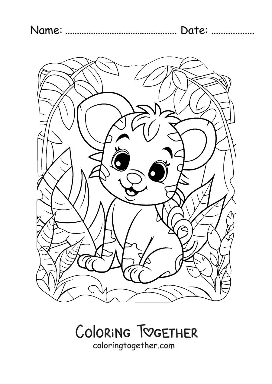 Coloring page of a smiling tiger cub sitting in the jungle