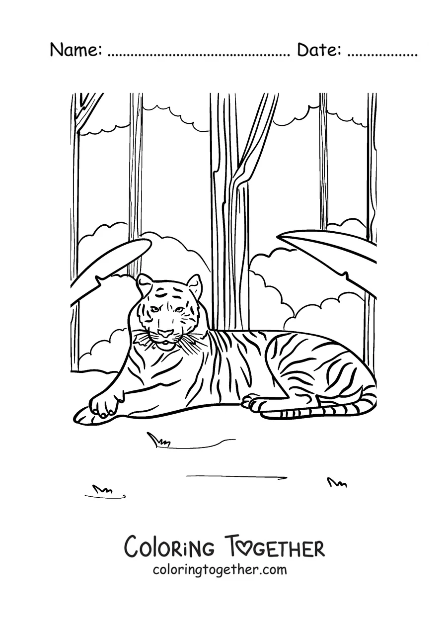 Coloring page of a tiger resting in the jungle