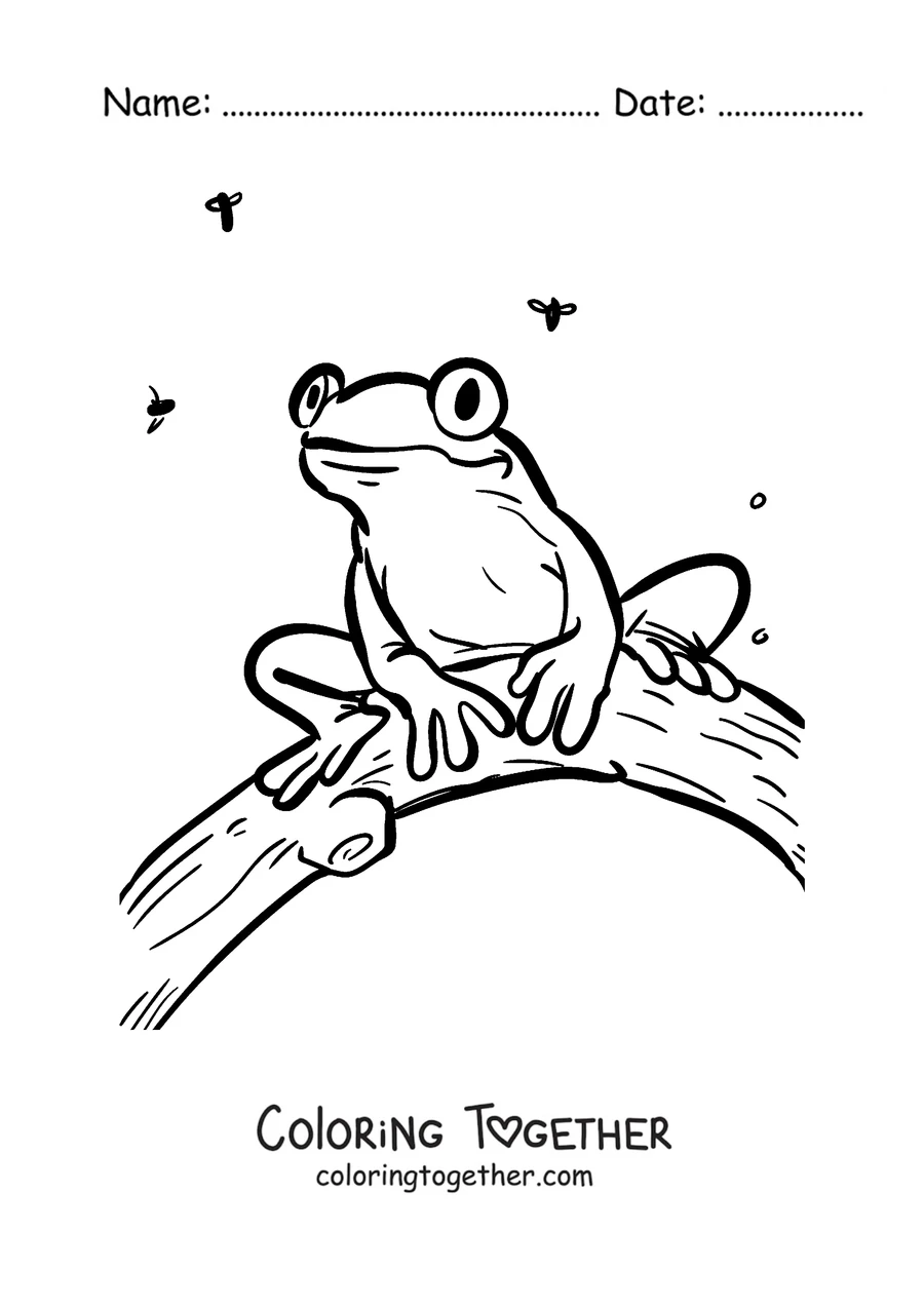 Coloring page of a tree frog on a branch surrounded by insects