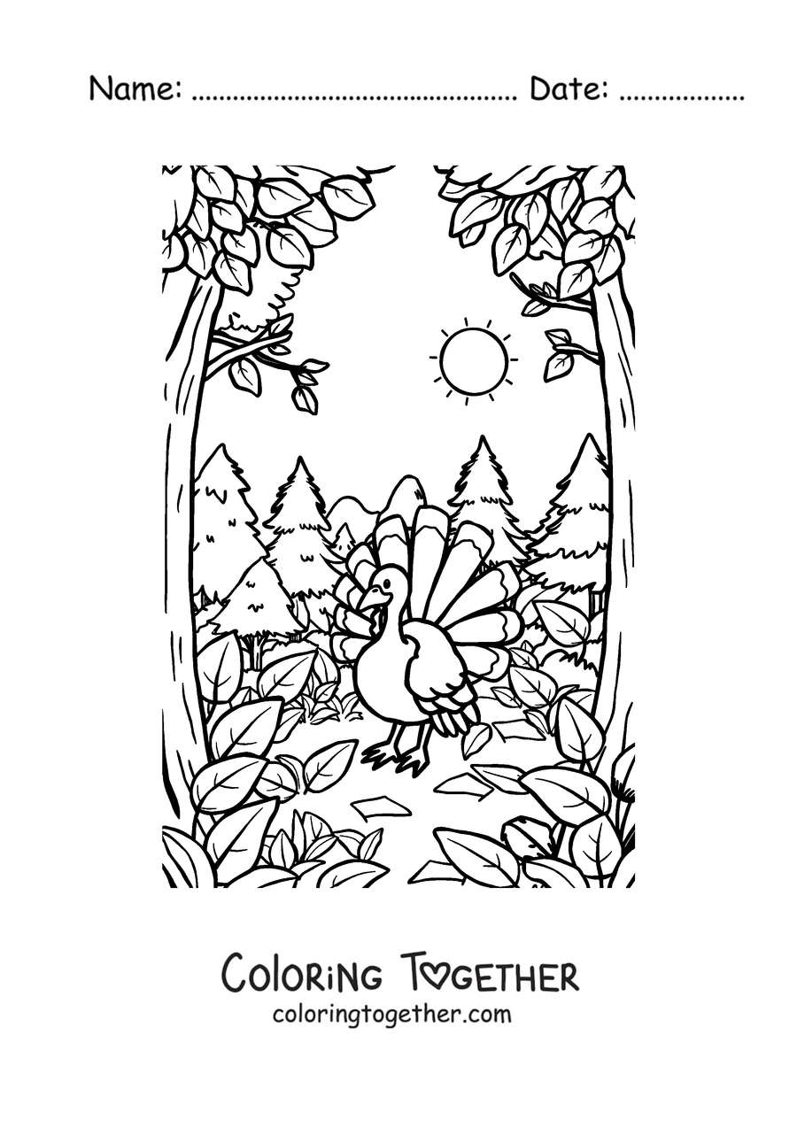 Coloring page of a turkey in the autumn forest