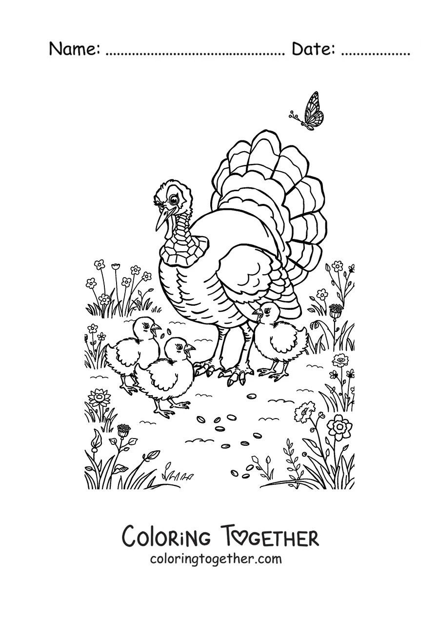 Coloring page of a turkey surrounded by autumn leaves