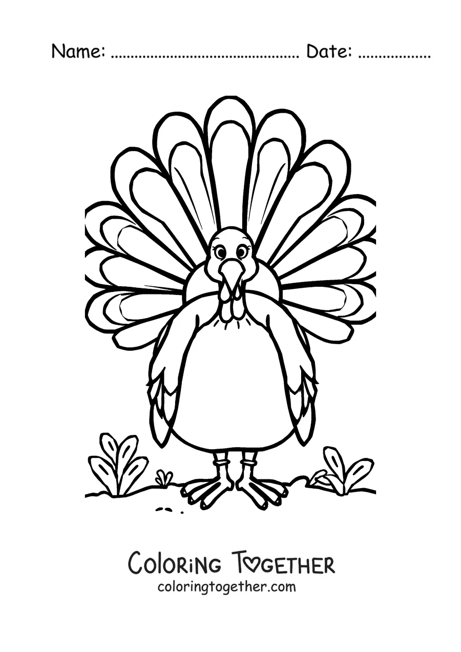 Coloring page of a turkey with its tail feathers fanned out