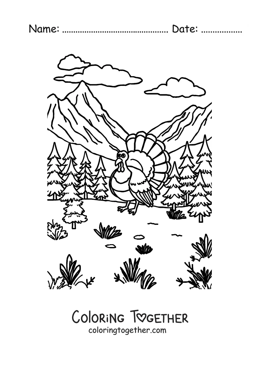 Coloring page of a turkey in a mountain landscape