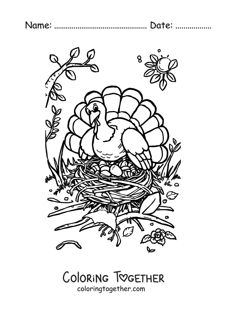 Coloring page of a turkey resting on the grass