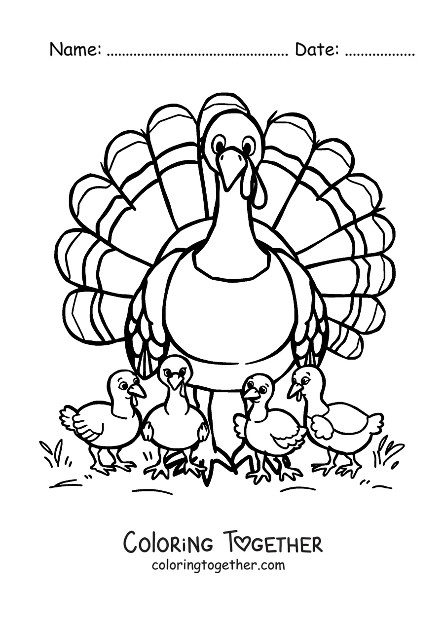 Coloring page of a turkey with its chicks beside it
