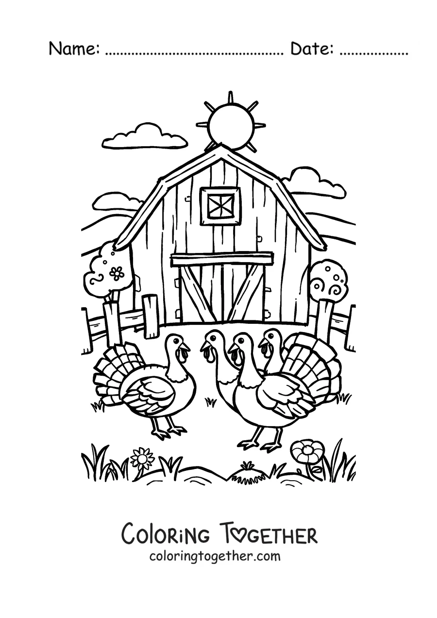 Coloring page of two turkeys in front of the barn