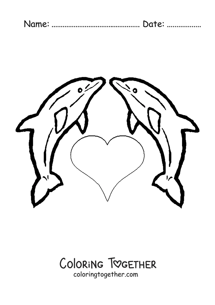 Coloring page of two dolphins forming a heart