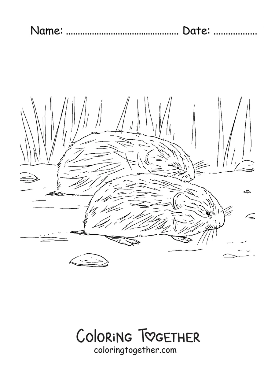 Coloring page of two lemmings among the tundra grass