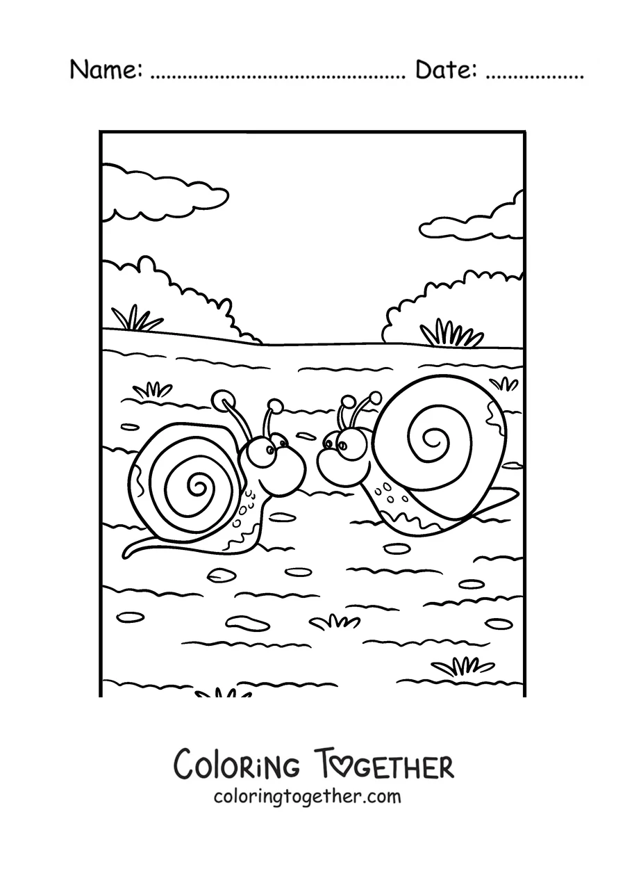 Coloring page of two snails meeting on a path