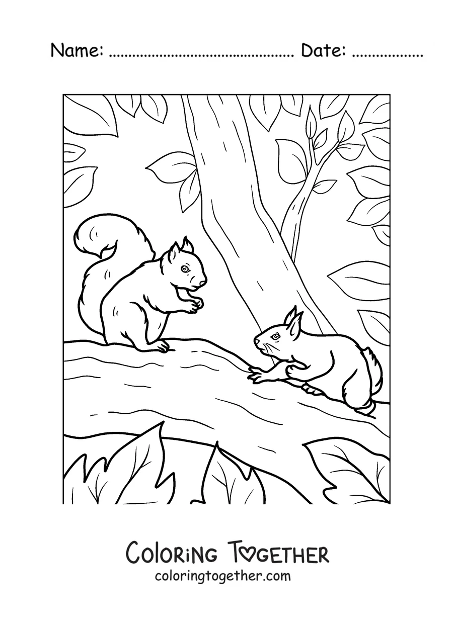 Coloring page of two squirrels playing on a branch