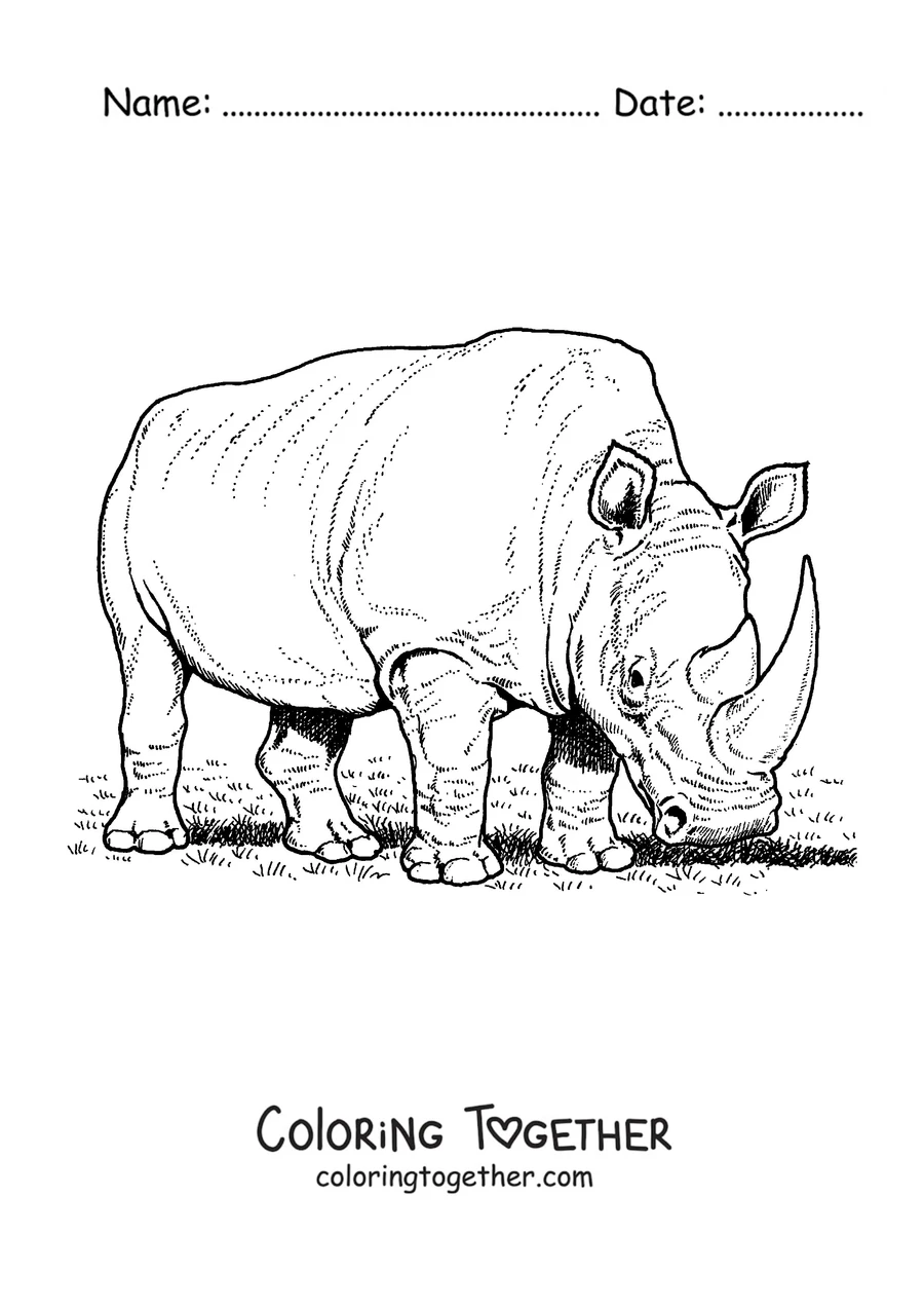 Coloring page of a white rhino eating grass