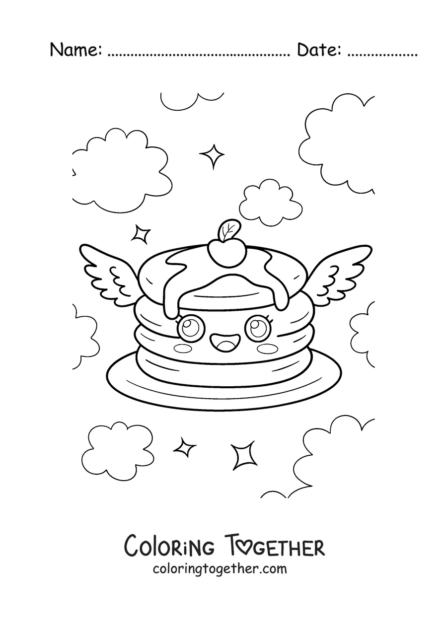 Coloring page of a winged pancake flying in the clouds