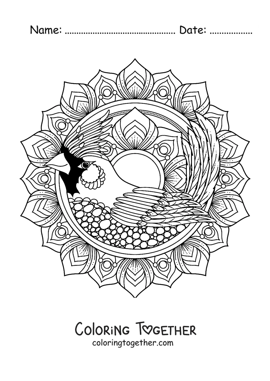 Coloring page of a winter mandala with a cardinal bird surrounded by petals