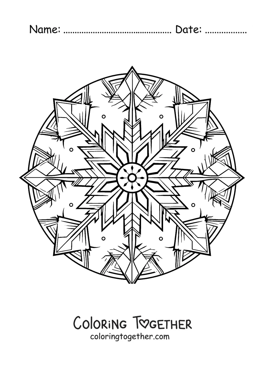 Coloring page of a winter mandala shaped like an ice crystal with stars