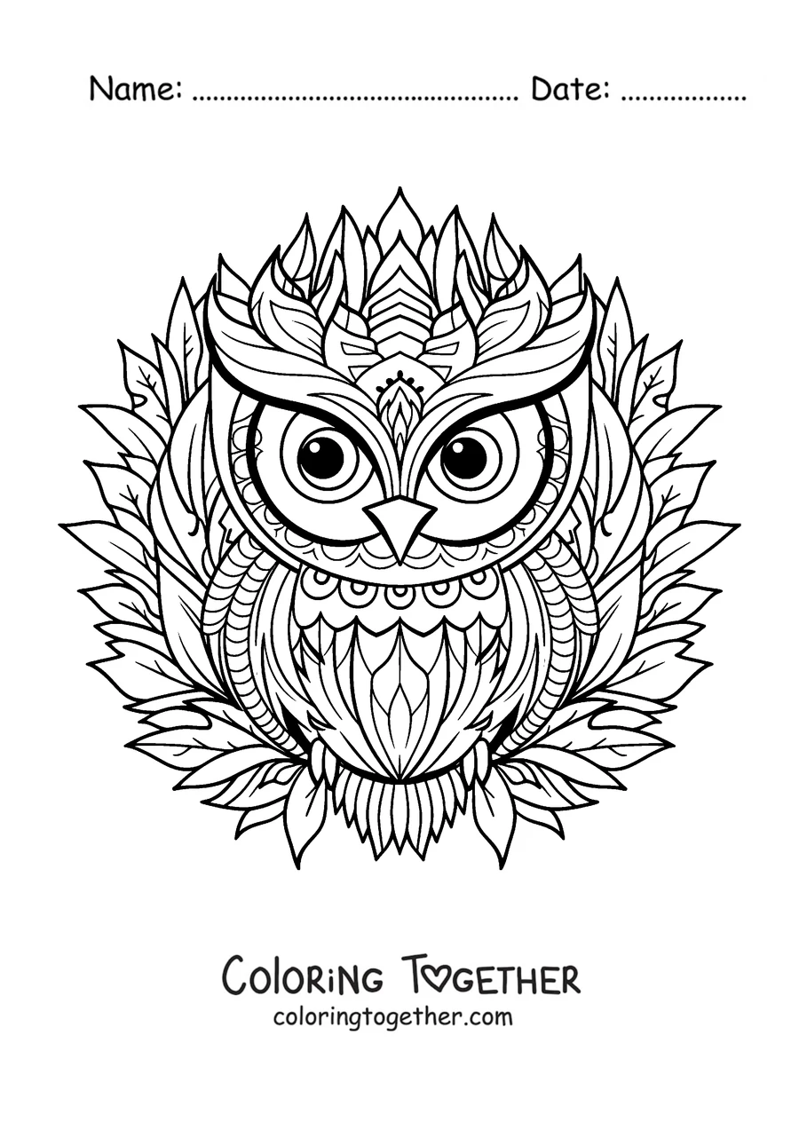 Coloring page of a winter mandala with an owl over leaves and snowflake-shaped figures