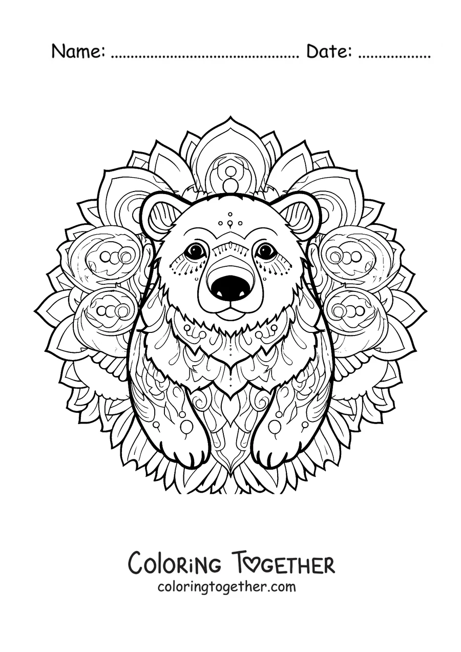 Coloring page of a winter mandala with a polar bear's face over circular shapes