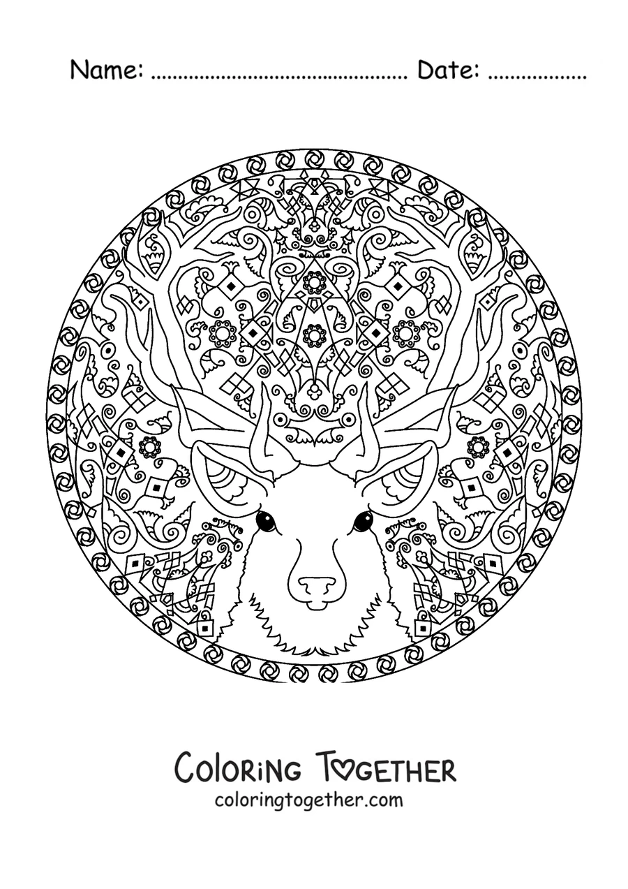 Coloring page of a winter mandala with the head of a reindeer with large antlers