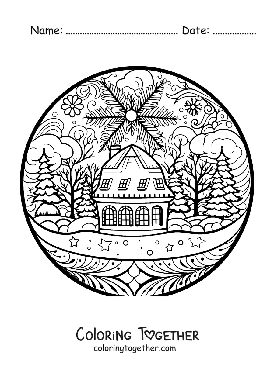 Coloring page of a winter mandala with a snowy cabin and pine trees inside a snow globe