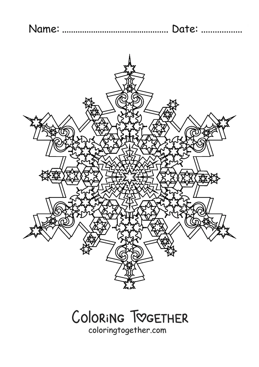 Coloring page of a winter mandala shaped like a very detailed six-armed snowflake