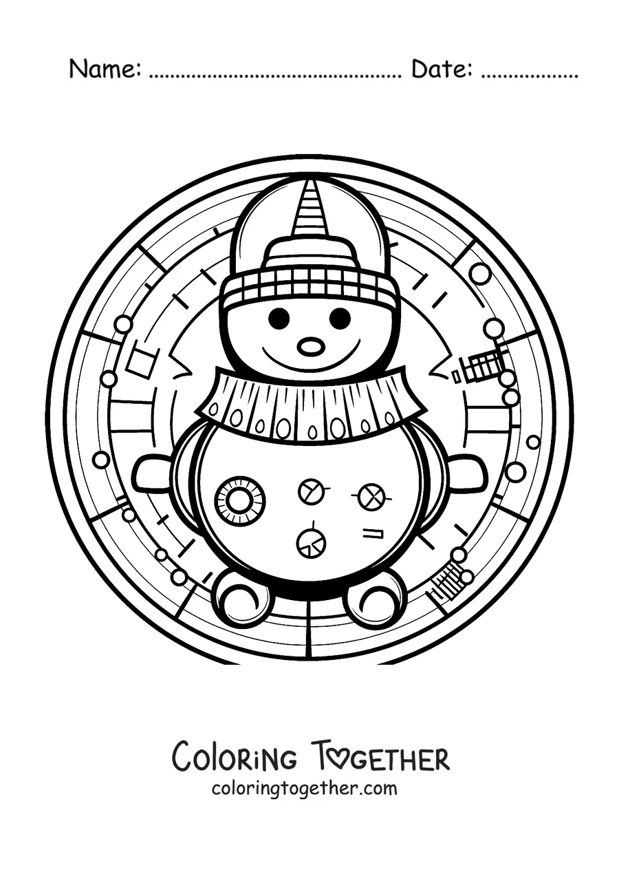 Coloring page of a winter mandala with a snowman wearing a hat and scarf inside a circle