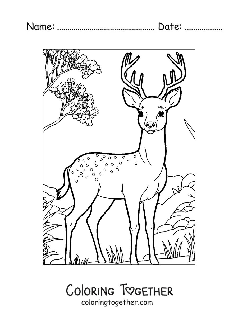 Coloring page of a young spotted deer among the trees
