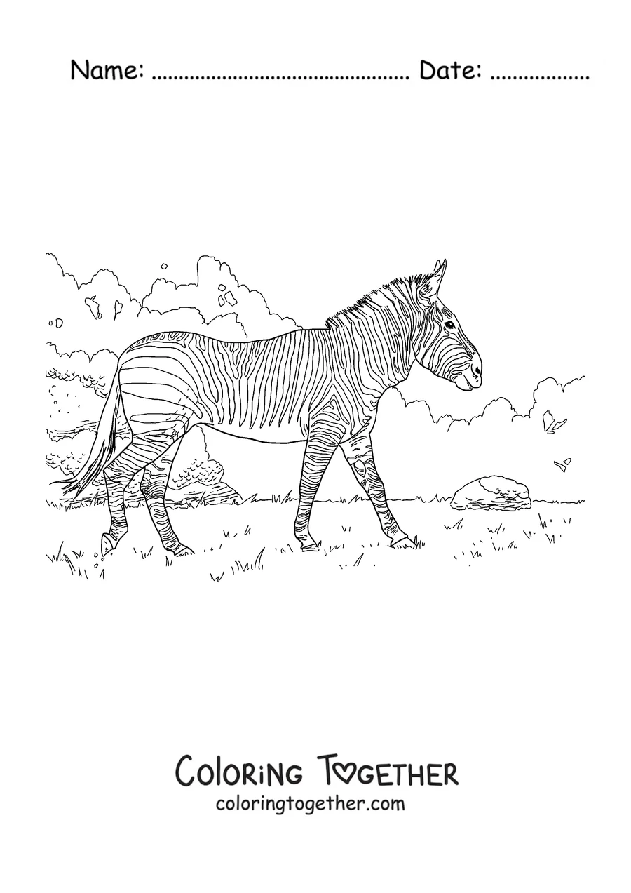 Coloring page of a zebra strolling across the savanna
