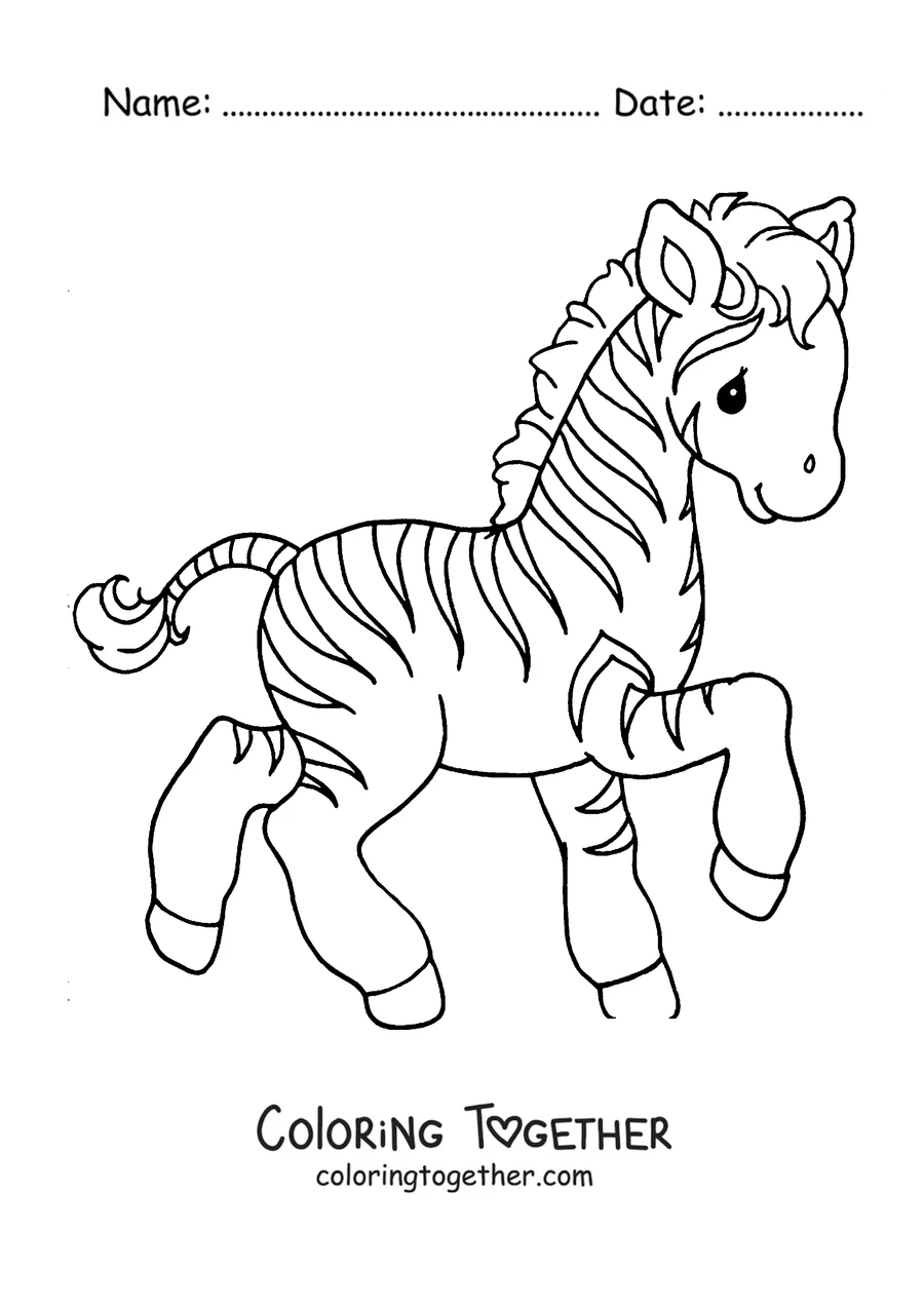 Coloring page of a playful baby zebra