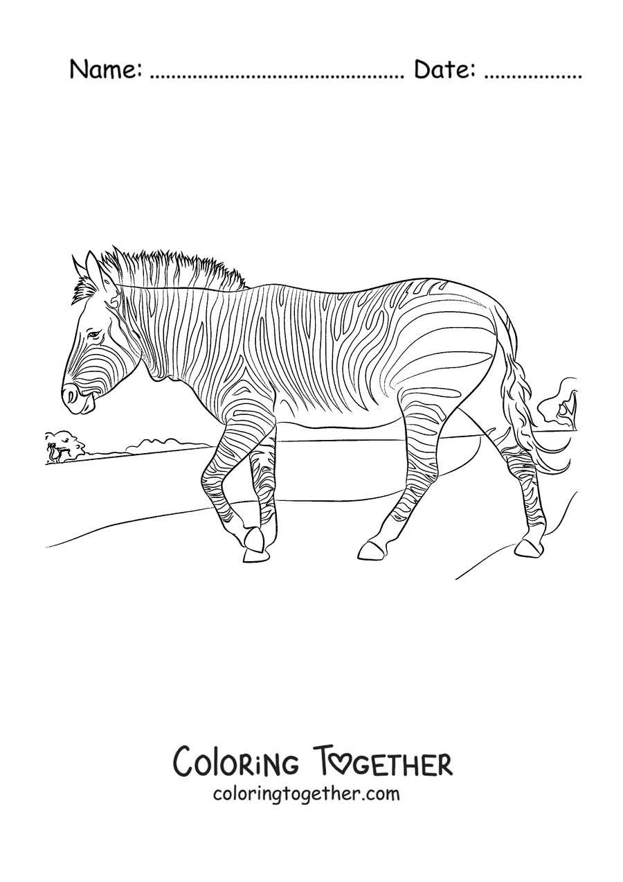 Coloring page of a zebra walking in the sunshine