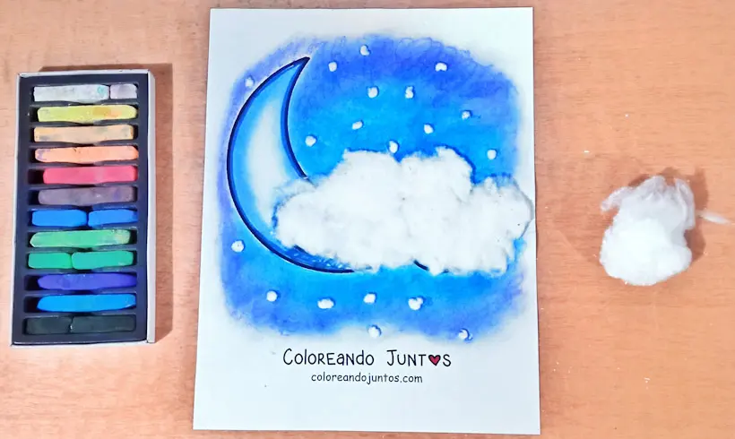 Drawing of a moon with a cloud painted with cotton
