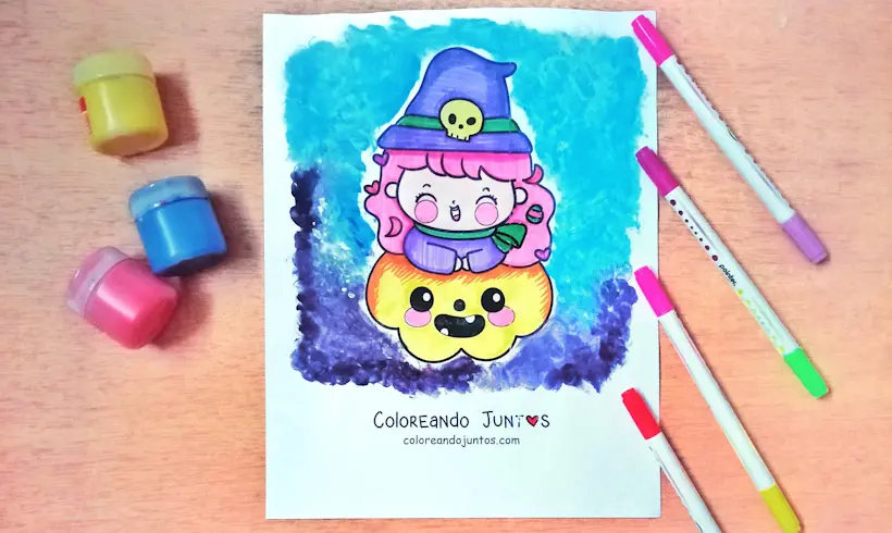 Drawing of a kawaii Halloween colored by Coloring Together