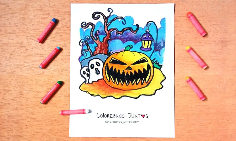 Drawing of a Halloween pumpkin colored by Coloring Together