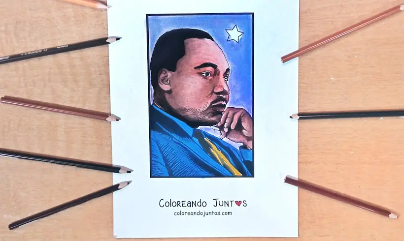 Drawing of Martin Luther King with skin colored in a realistic style with colored pencils