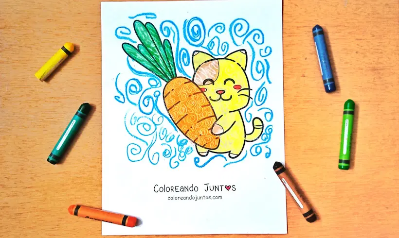 Drawing of a cartoon cat with a carrot colored using the scratching technique