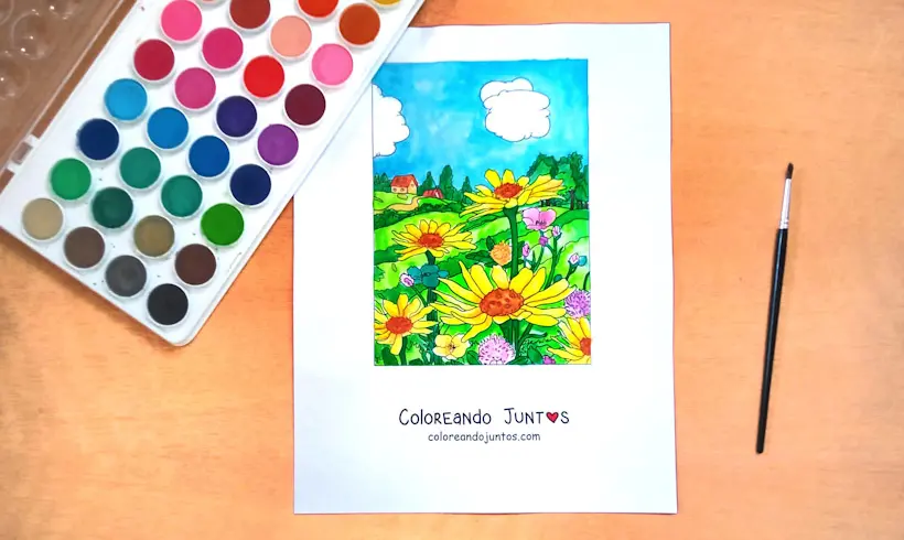 Drawing of a landscape colored by Coloring Together