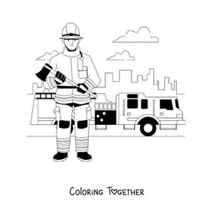 Coloring page of a firefighter in the city next to a truck