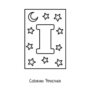 Coloring page of the capital letter i with stars and a moon