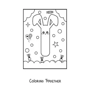 Coloring page of the letter i shaped like an animated kawaii rabbit