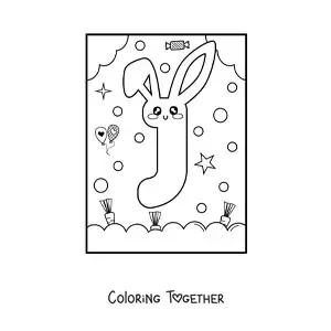 Coloring page of the letter j shaped like an animated kawaii rabbit