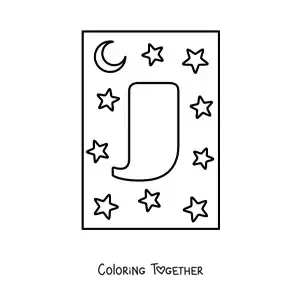 Coloring page of the capital letter j with stars and a moon